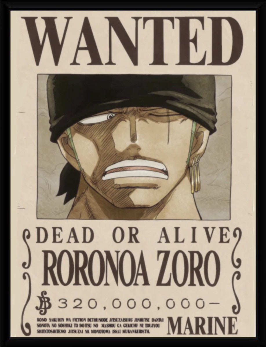Roronoa Zoro Wanted Poster framed in a sleek, modern frame, enhancing its vibrant colors and vintage style.