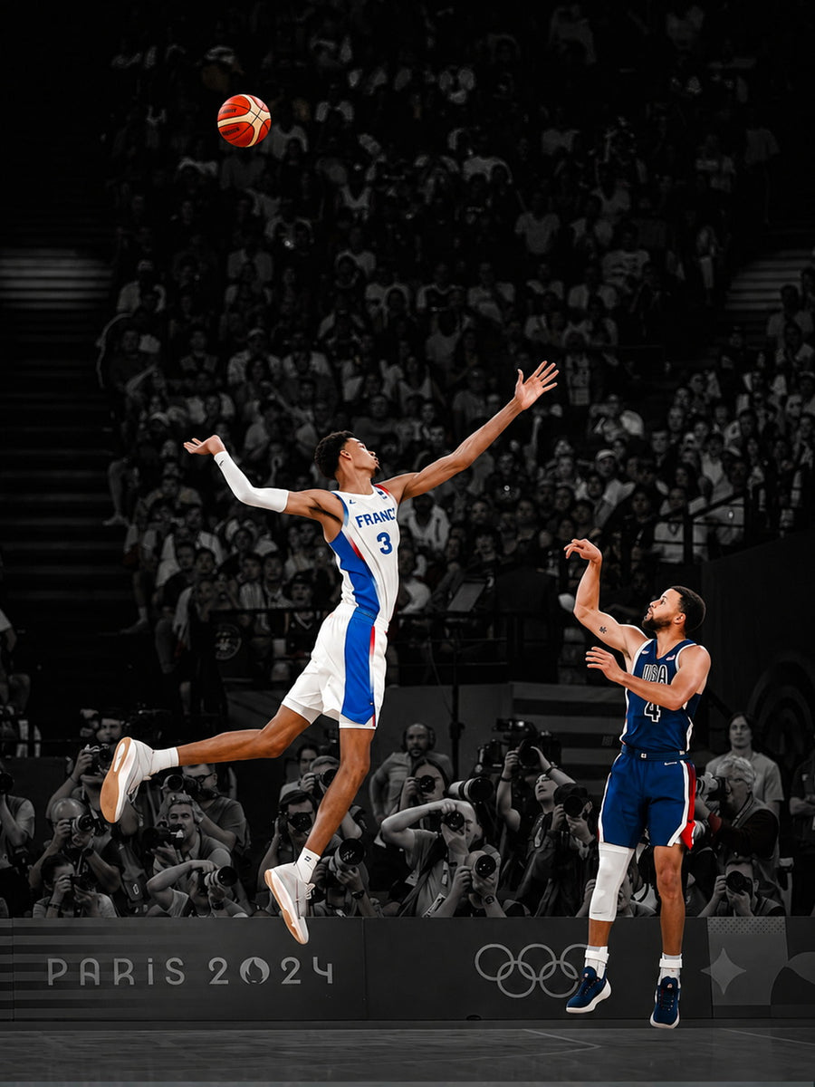 Curry Over Wemby poster featuring Stephen Curry and Victor Wembanyama in action.