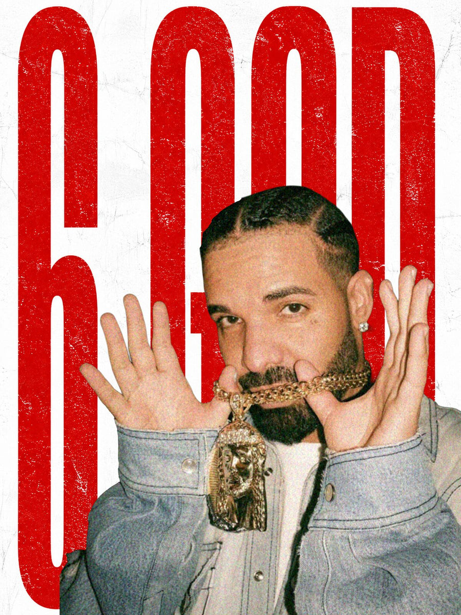 A vibrant poster showcasing the text '6 GOD' against a bold red background.