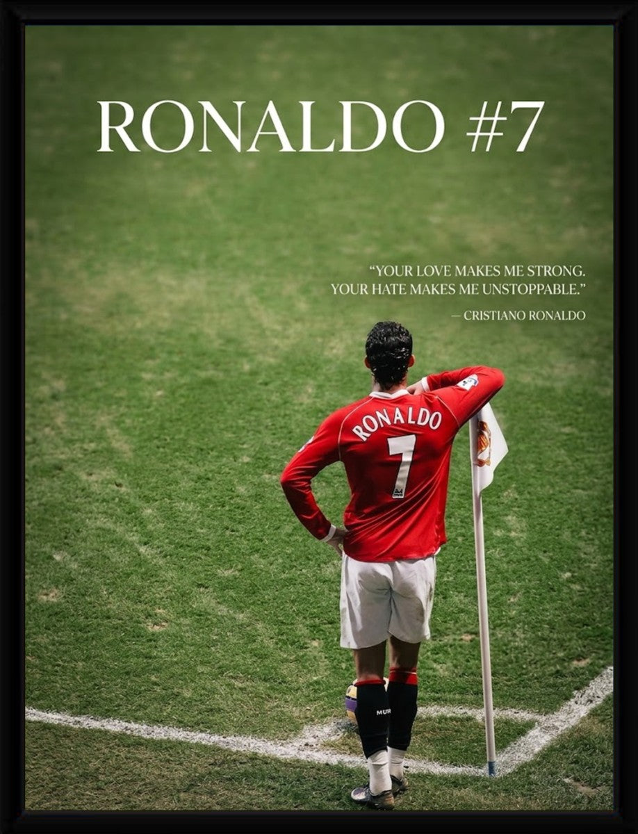 The Cristiano Ronaldo poster displayed in a sleek black frame, emphasizing its motivational quote and bold design.
