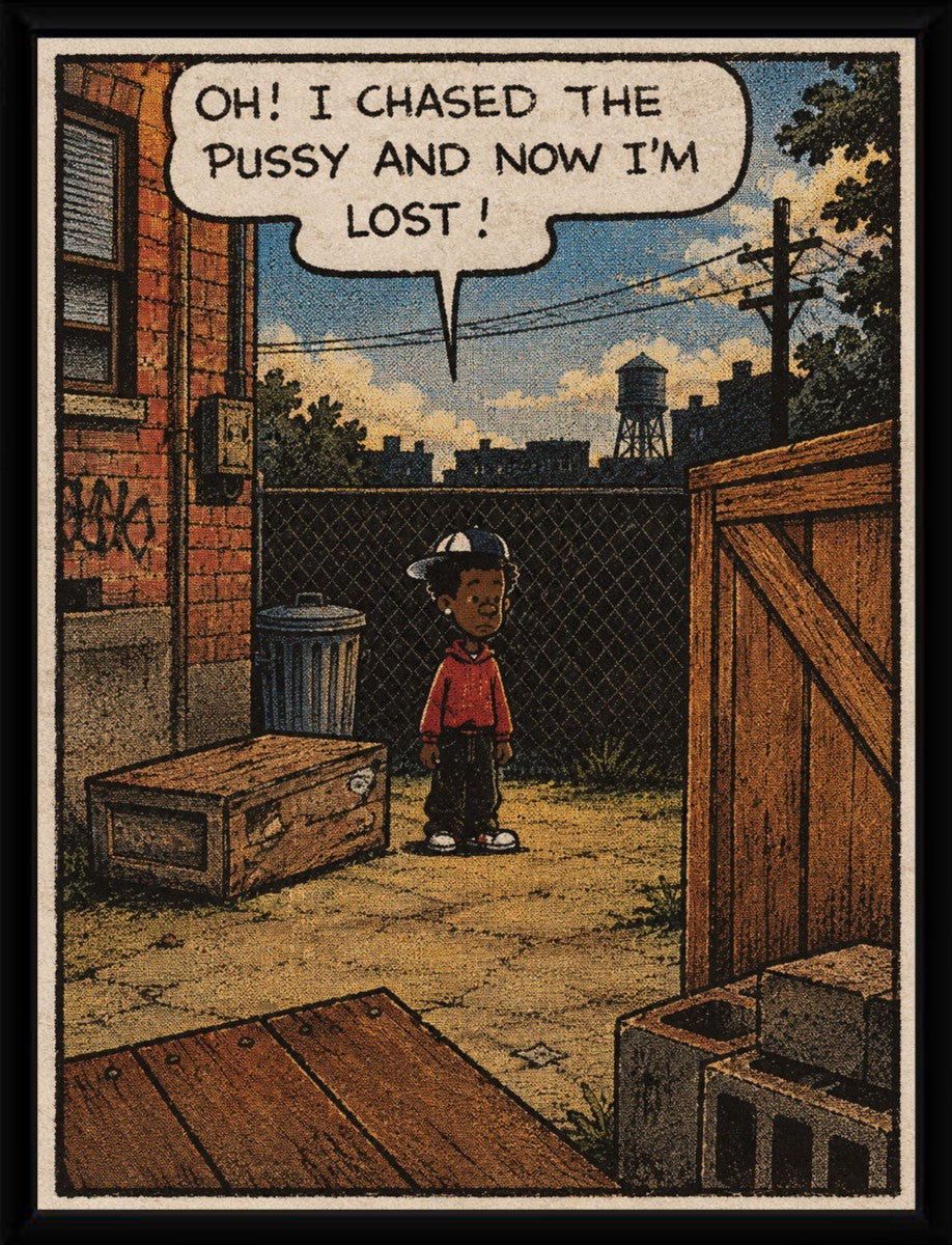 The 'Lost After the Chase' poster elegantly framed, highlighting its vibrant colors and playful message.