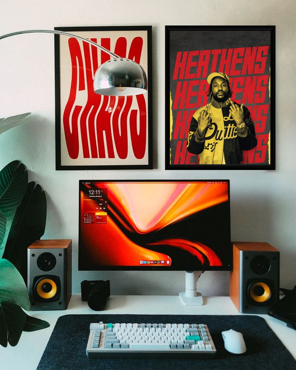Meek Mill HEATHENS poster styled in a modern living room environment with colorful decor.