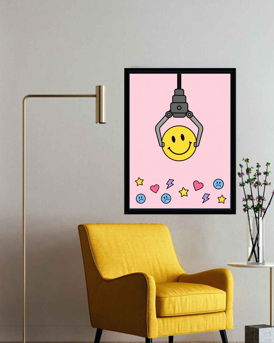 The Smiley Face poster showcased on a stylish office wall, adding a cheerful touch.