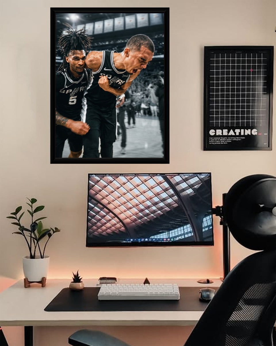 Wembanyama Celebrating with Spurs Poster showcased in a contemporary office environment.