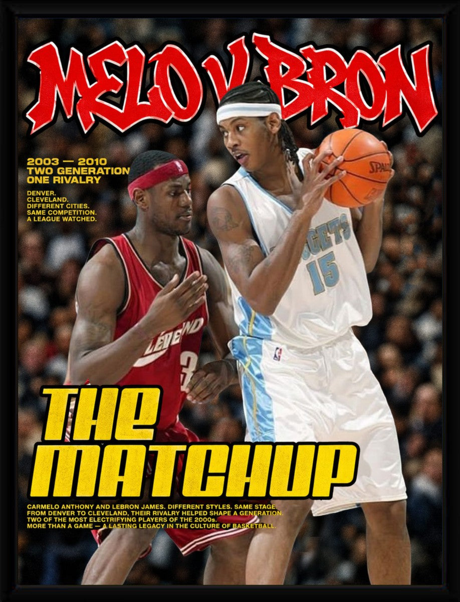 The Melo vs Bron poster displayed in a sleek frame, highlighting the intense matchup between two basketball legends.