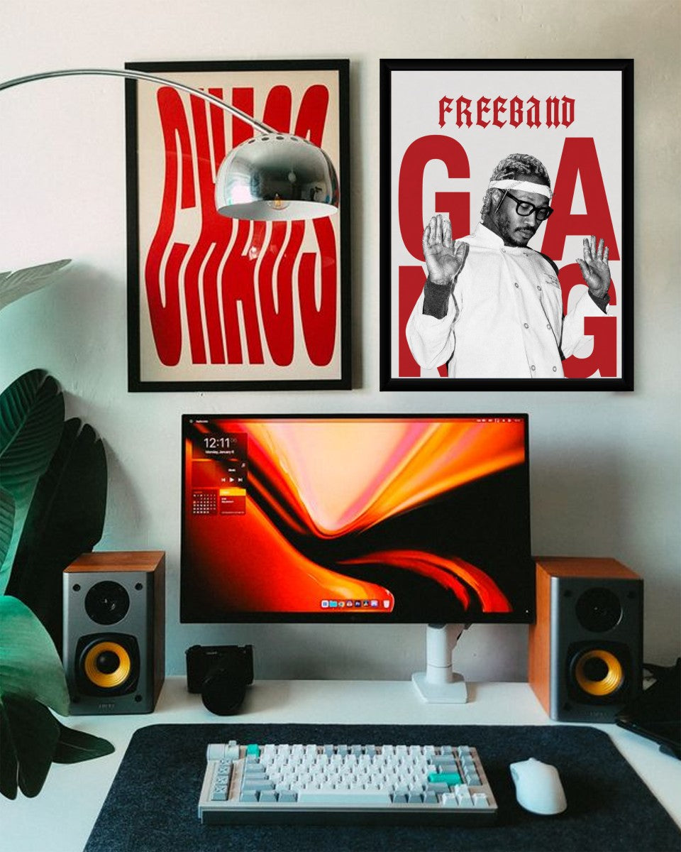 The 'Freebandz Gang' poster styled within a modern interior, highlighting its eye-catching colors.
