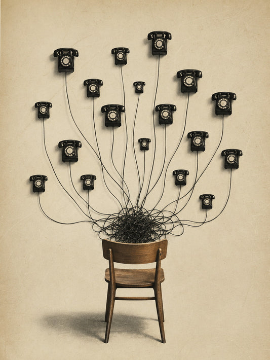 A minimalist art poster featuring an imaginative arrangement of vintage telephones in warm tones.