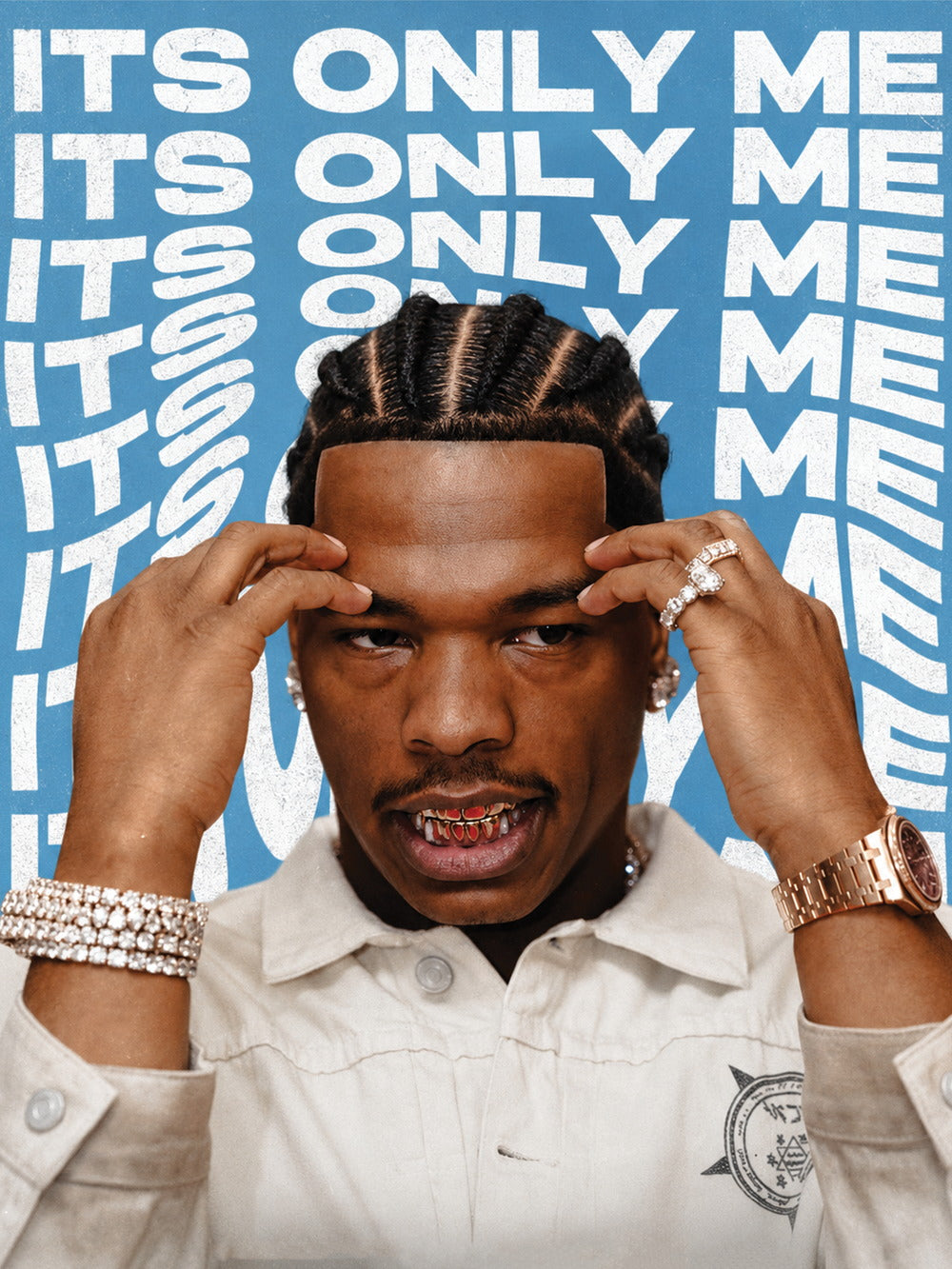Vibrant poster featuring rapper Lil Baby with the text 'ITS ONLY ME' against a bold blue backdrop.