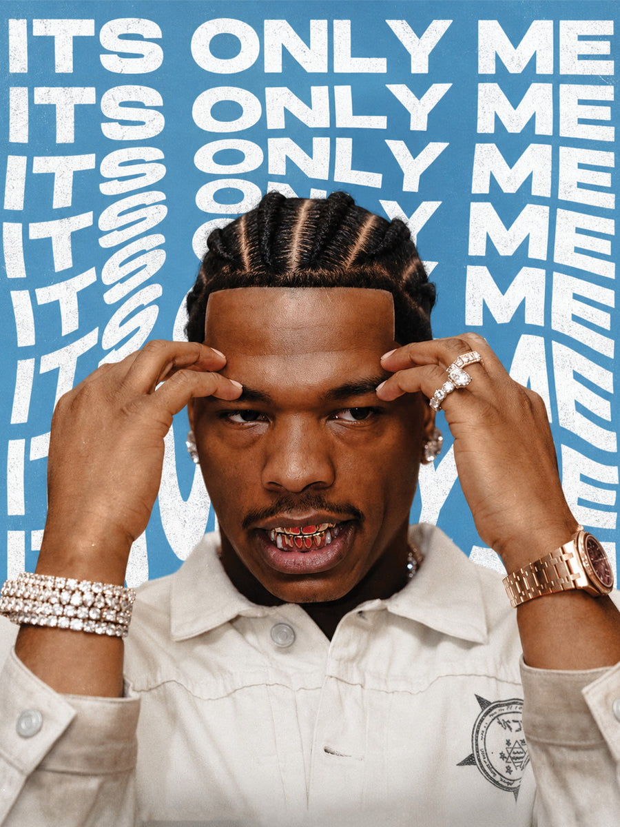 Vibrant poster featuring rapper Lil Baby with the text 'ITS ONLY ME' against a bold blue backdrop.