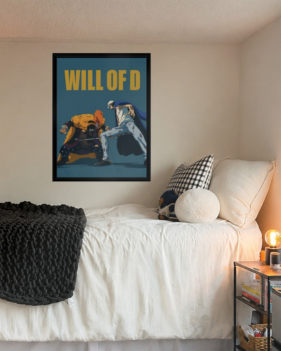 Law vs Blackbeard poster showcased in a vibrant modern living room setting.