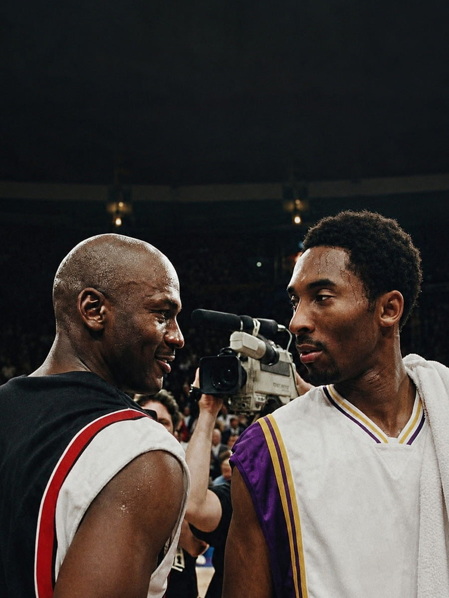 A vibrant poster featuring Michael Jordan and Kobe Bryant, capturing their competitive spirit and connection on the