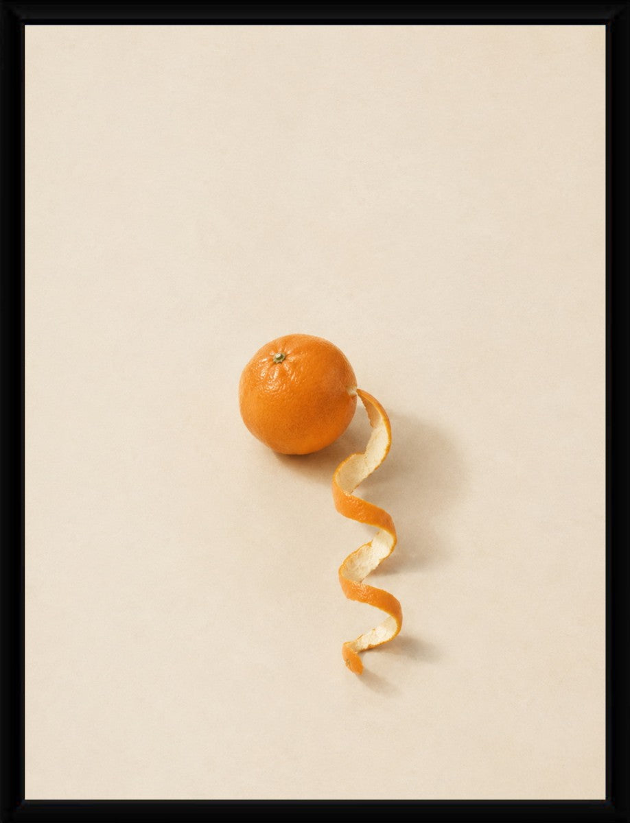 The orange fruit poster framed elegantly in a sleek black frame.
