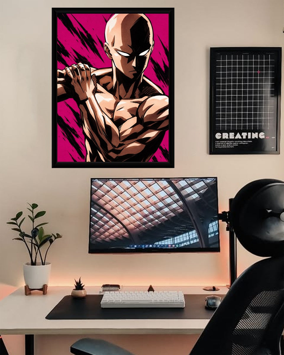 The Saitama One Punch Man poster featured in a stylish office space.