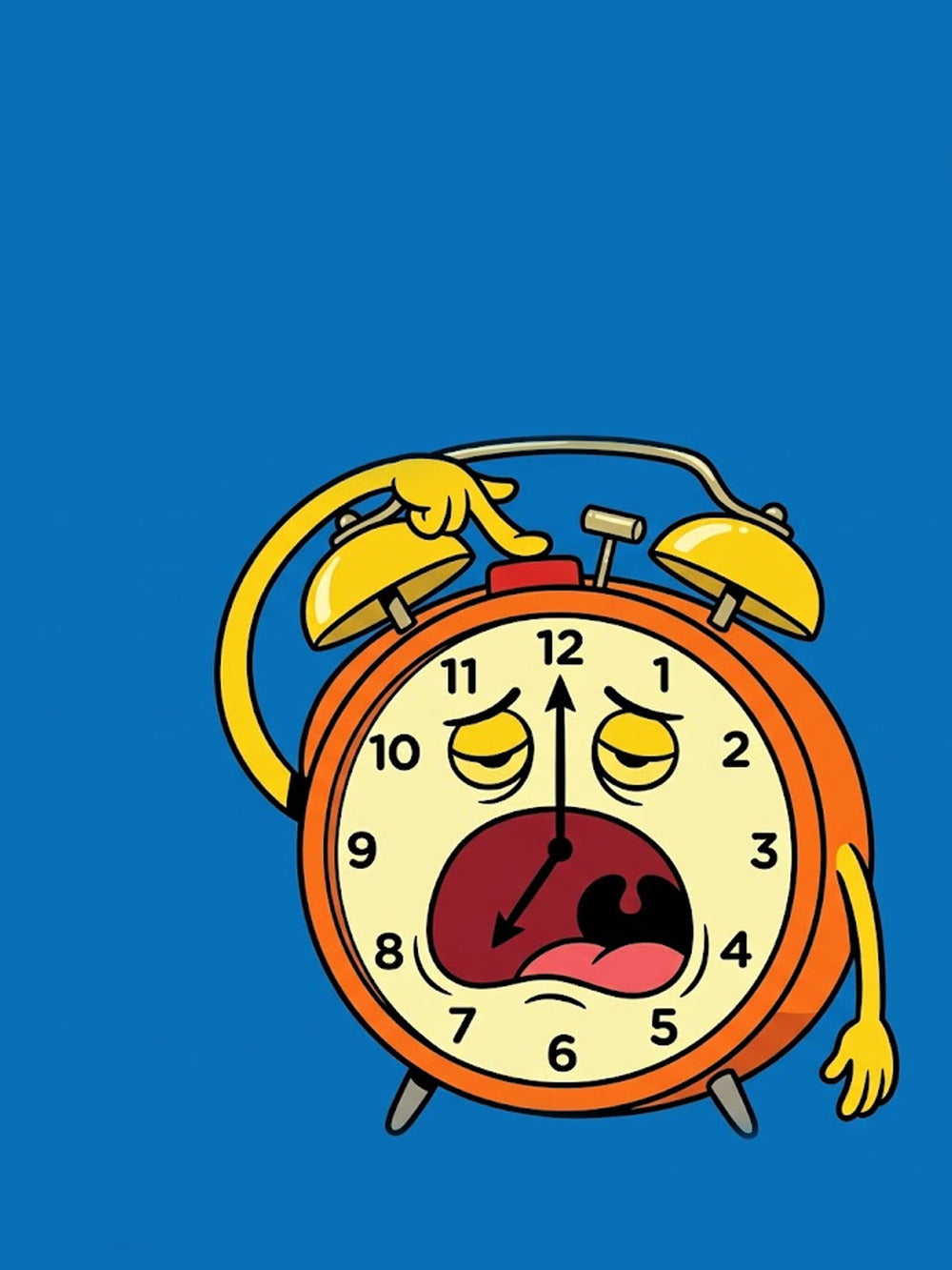 Whimsical poster featuring a distressed alarm clock with a comical expression.