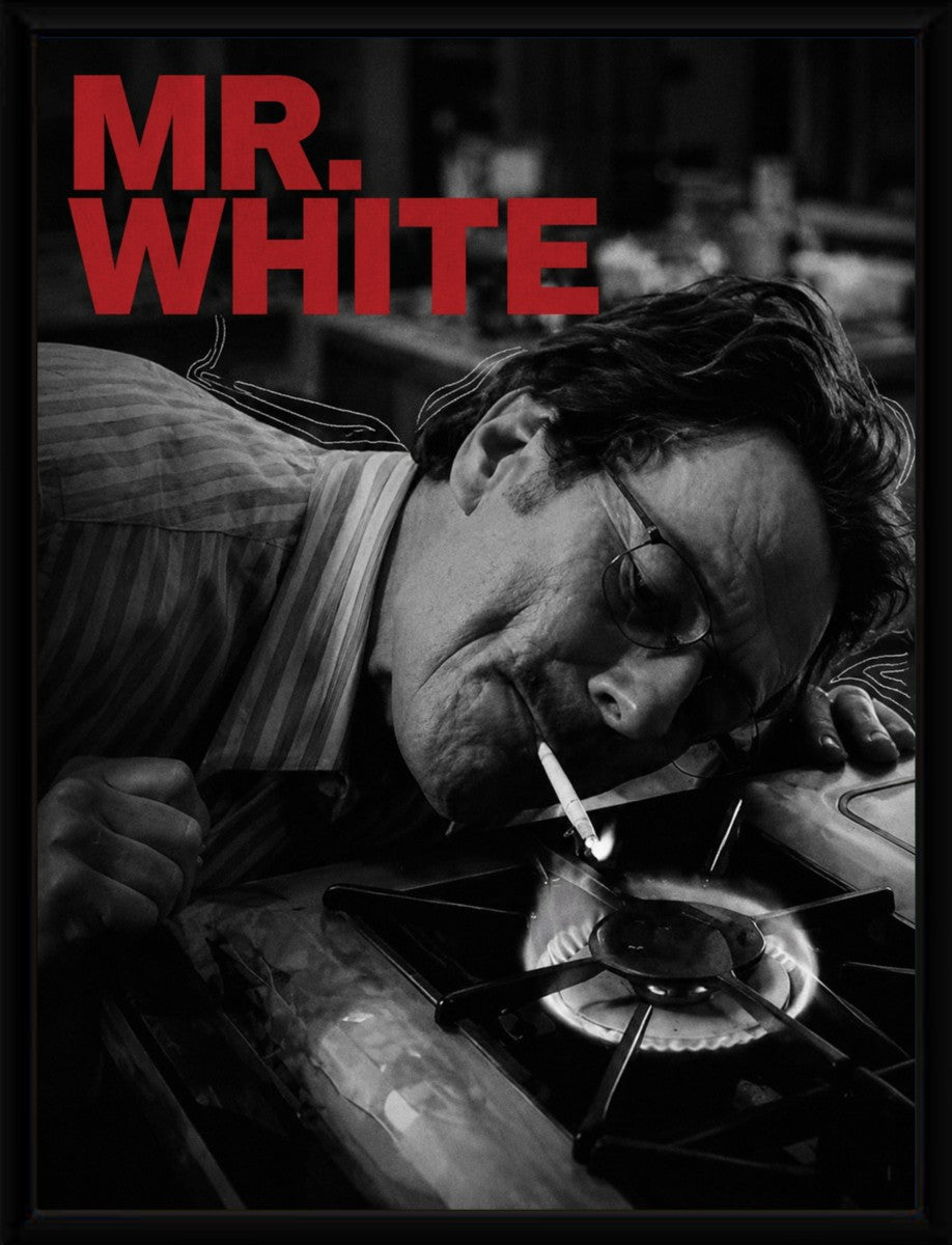 Walter White poster displayed in an elegant black frame, highlighting its dramatic design.