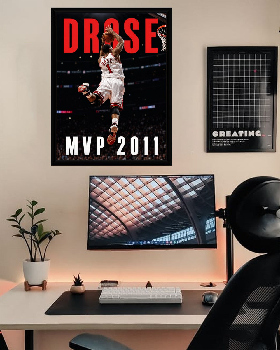 Derrick Rose MVP poster presented in a trendy office space with vibrant colors.