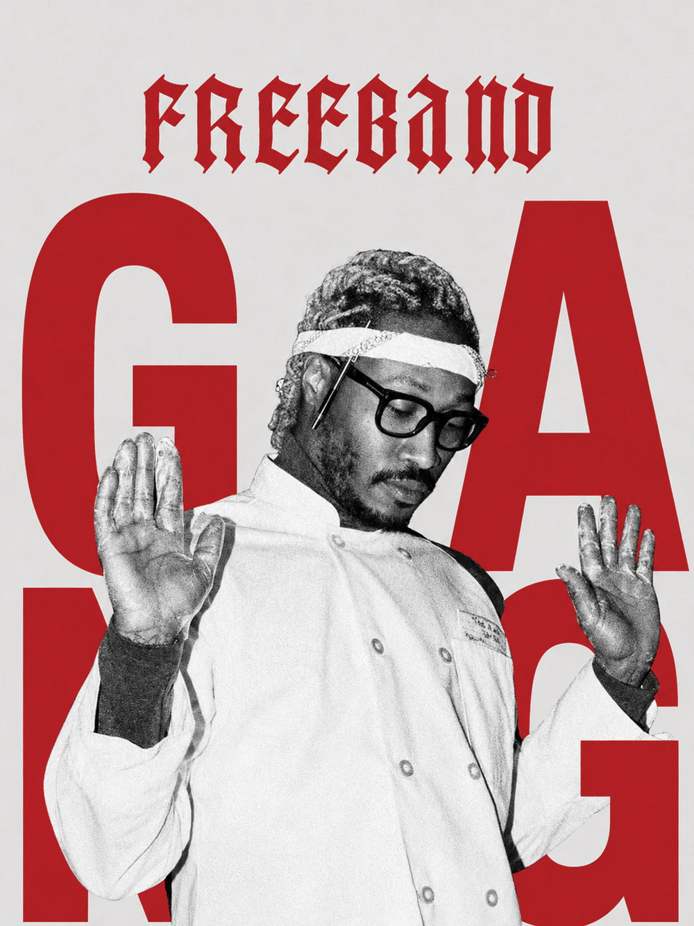 A vibrant poster featuring the phrase 'FREEBAND GANG' in a bold design, showcasing the artist Future.