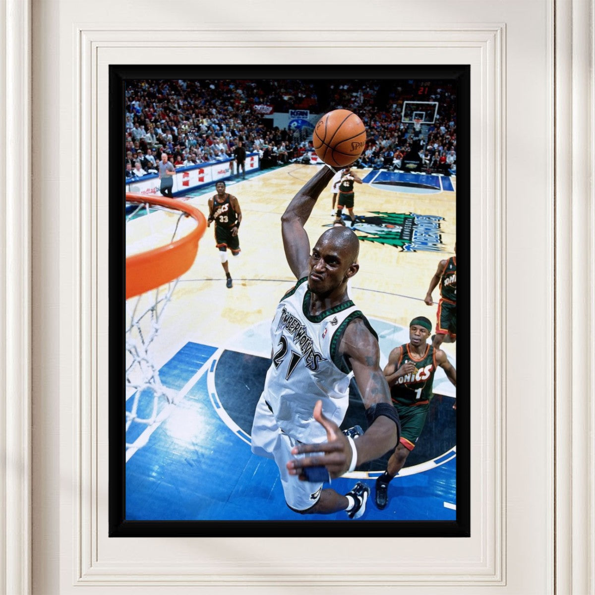 Kevin Garnett Dunk Poster styled in a modern living space, highlighting the excitement of basketball.