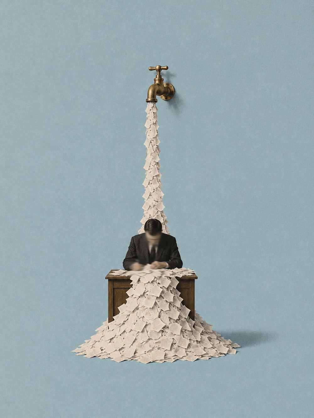 Surreal poster of a man overwhelmed by a cascade of papers from a faucet.