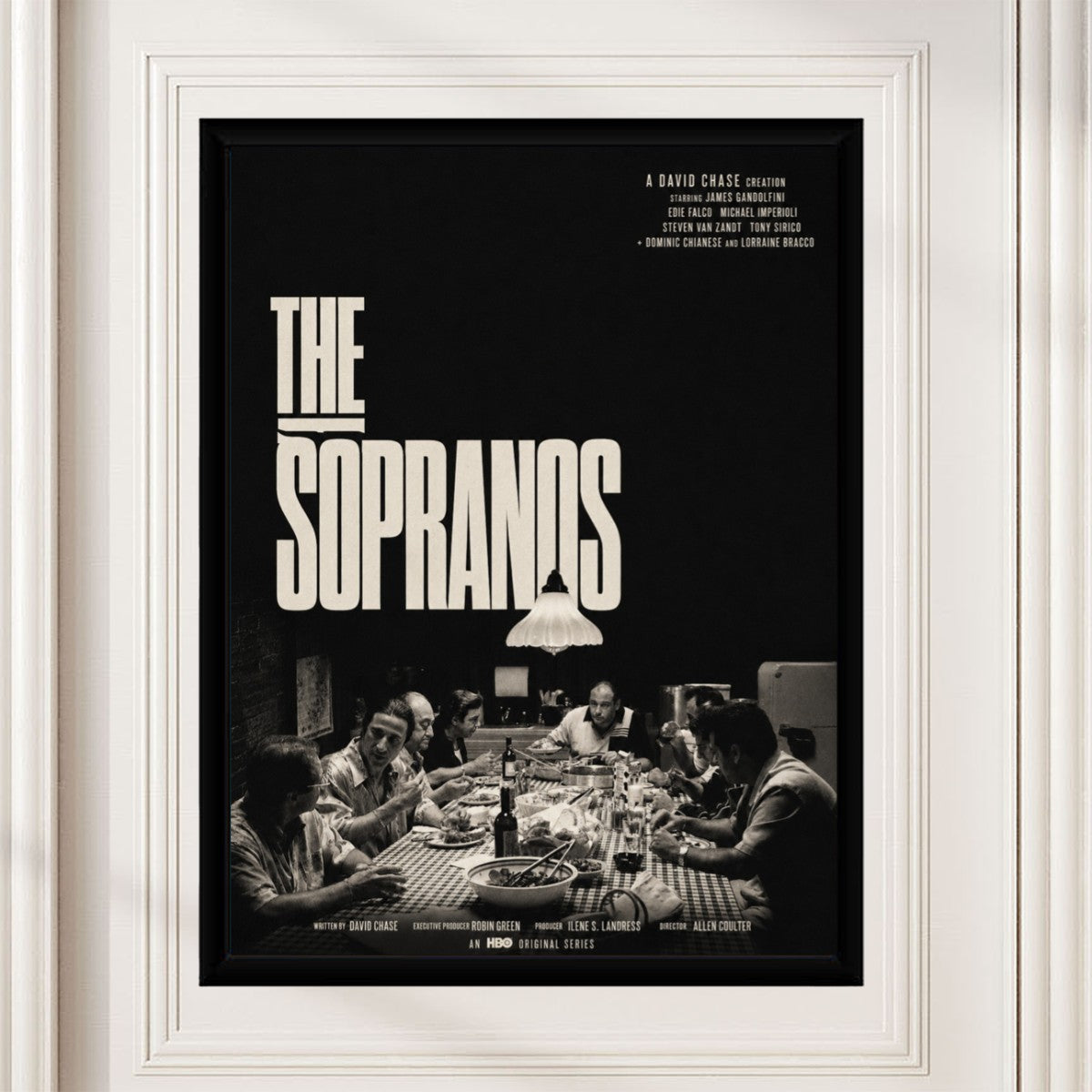The Sopranos Poster styled in a modern living space, creating a bold atmosphere.