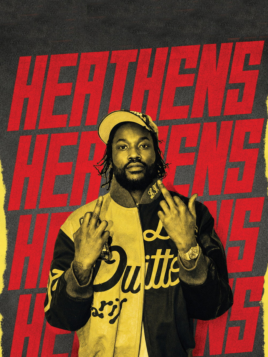 Meek Mill HEATHENS poster featuring bold typography and colorful background.