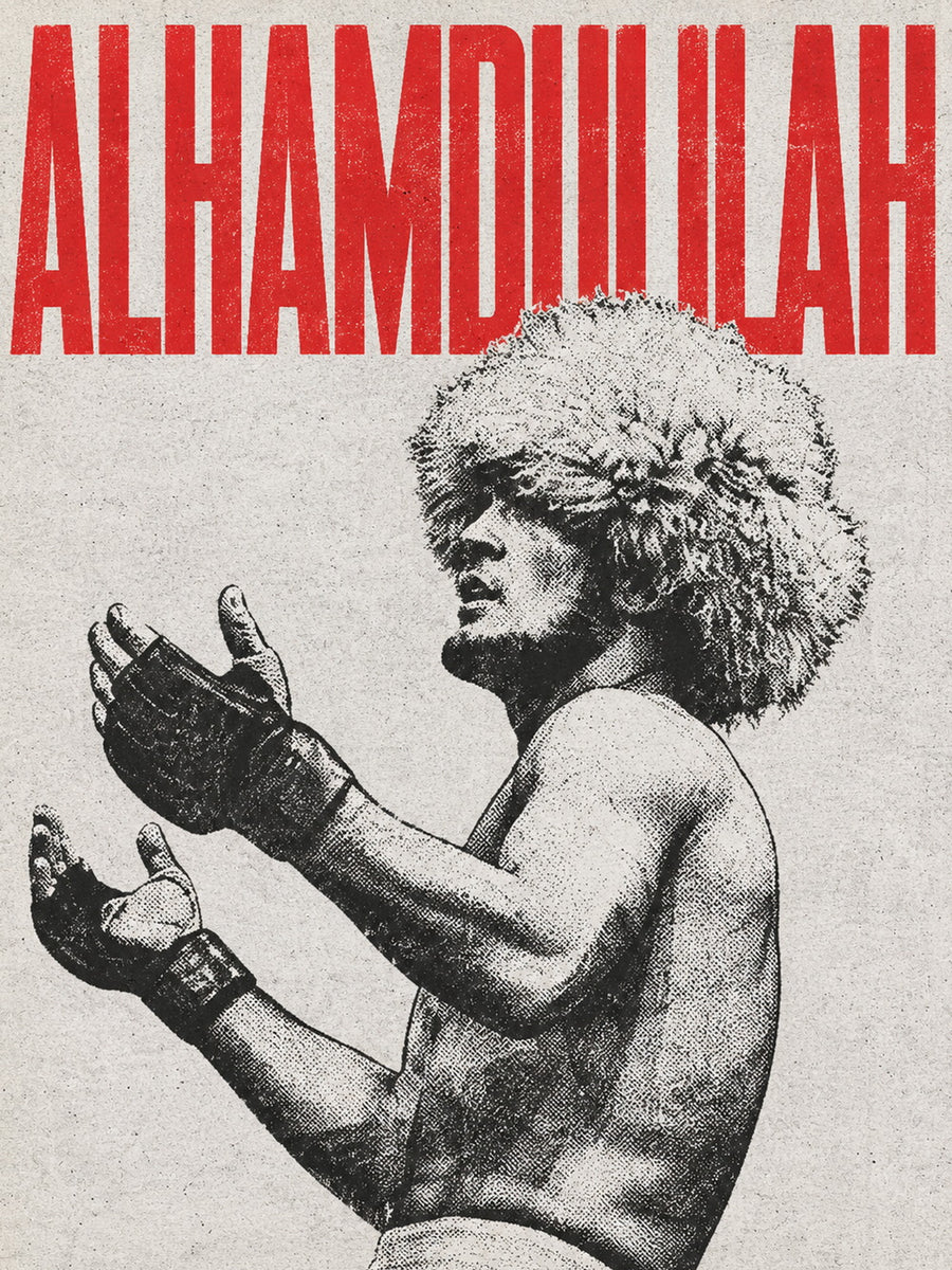 A bold poster featuring Khabib Nurmagomedov in an iconic pose with the text 'ALHAMDULILLAH.'