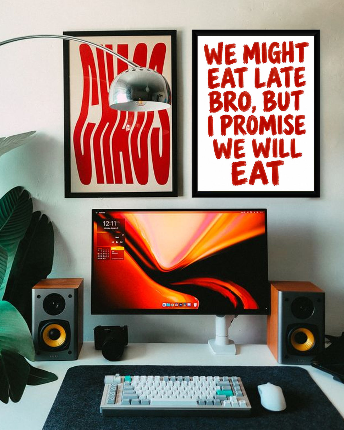 The poster showcased in a bright kitchen setting, adding a playful touch to the decor.