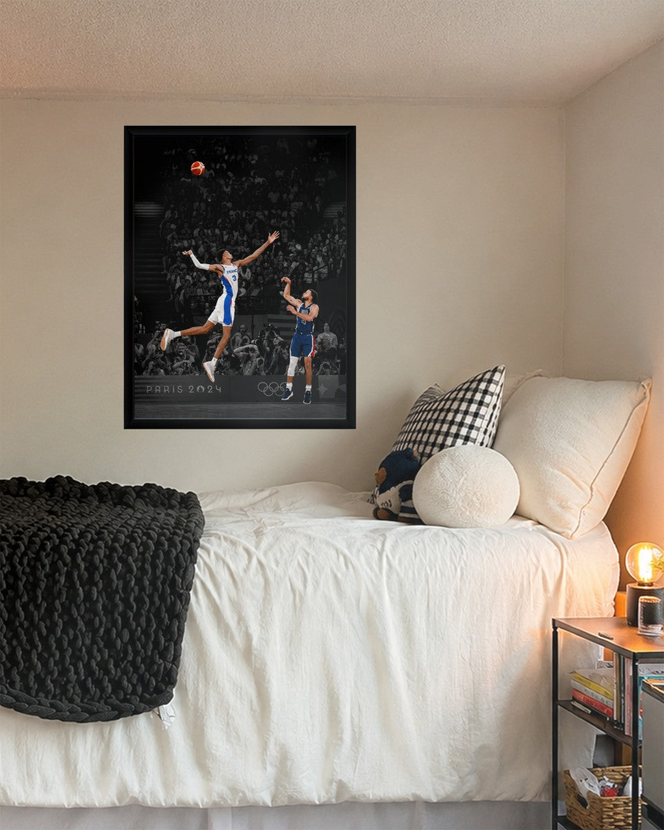 Curry Over Wemby poster hanging in a stylish living room setting.