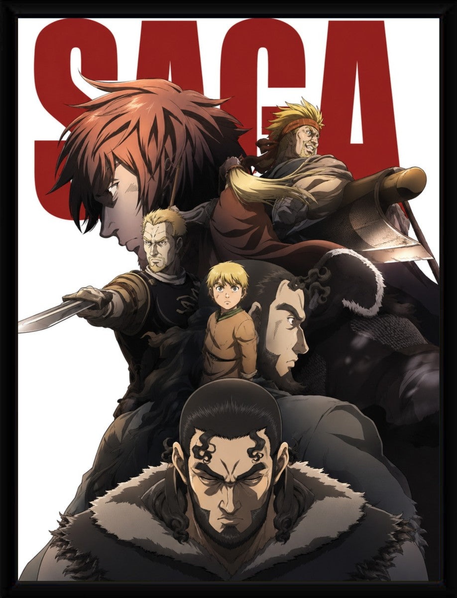 Vinland Saga poster presented in a sleek black frame, highlighting its vibrant colors and design.