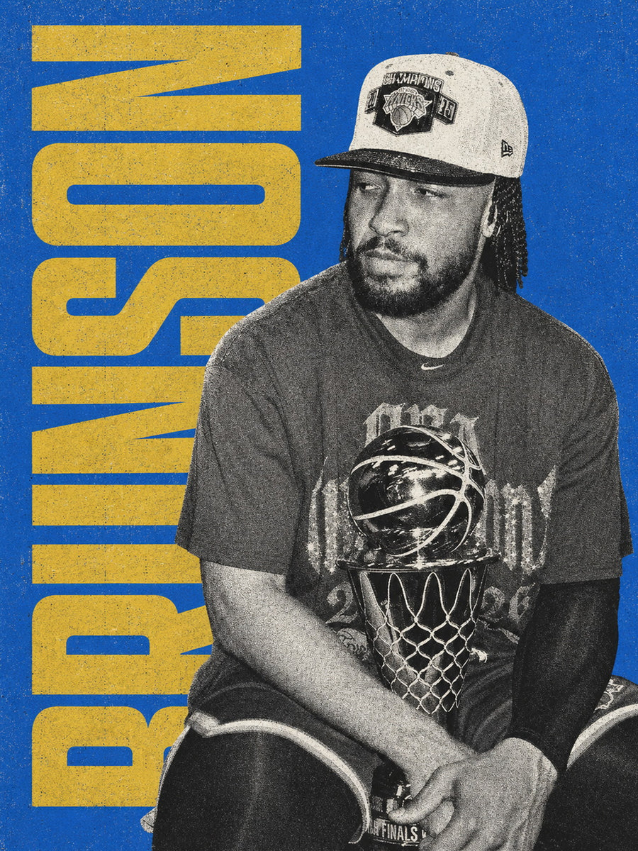 A dynamic Jalen Brunson basketball poster featuring the word 'FINALS', a trophy, and a basketball on a bold blue background.