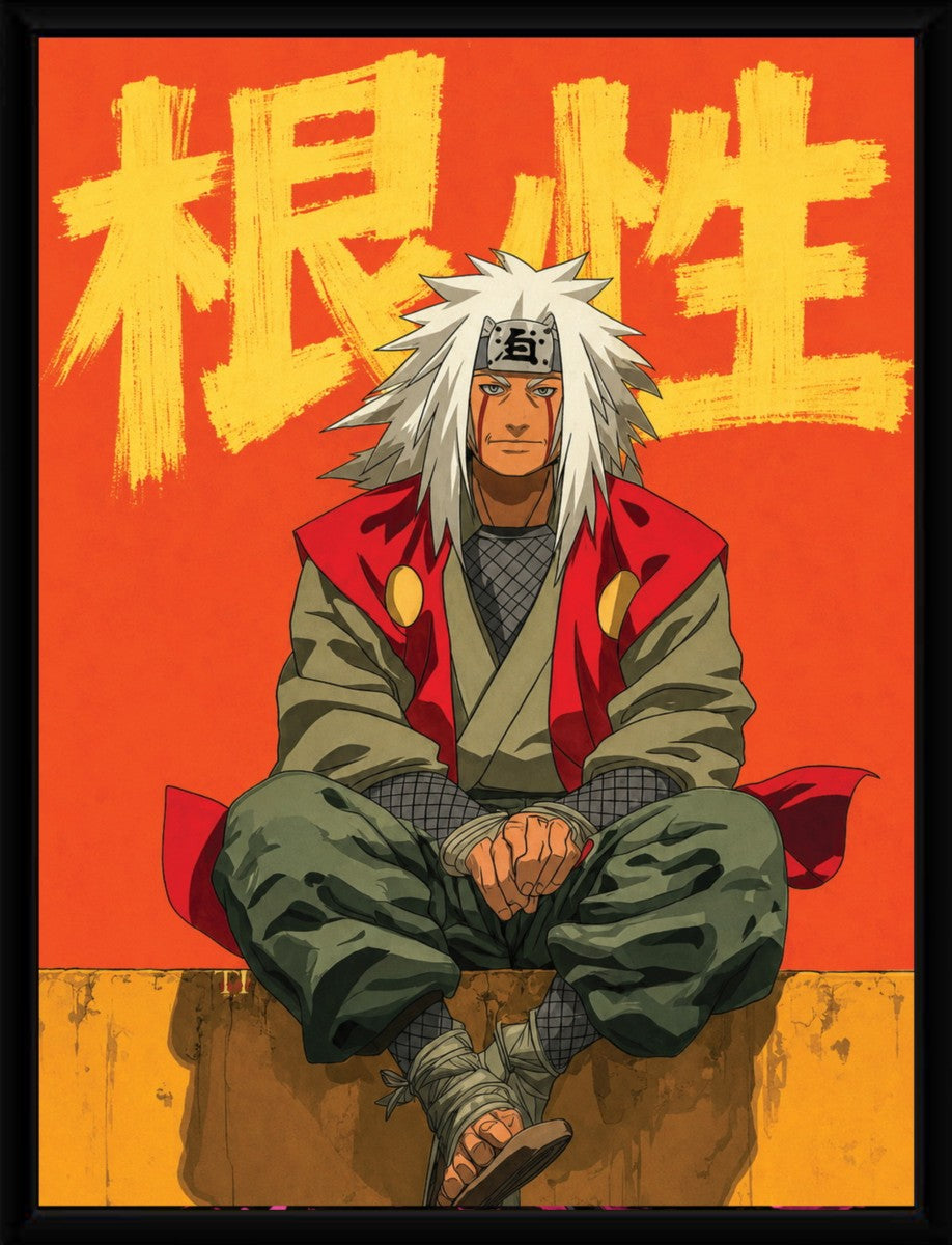 Framed Jiraiya poster showcasing vibrant colors and the quote '根性'.