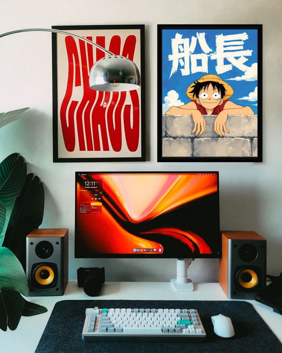 A colorful Luffy anime poster styled within a contemporary decor, capturing the playful essence of the character.