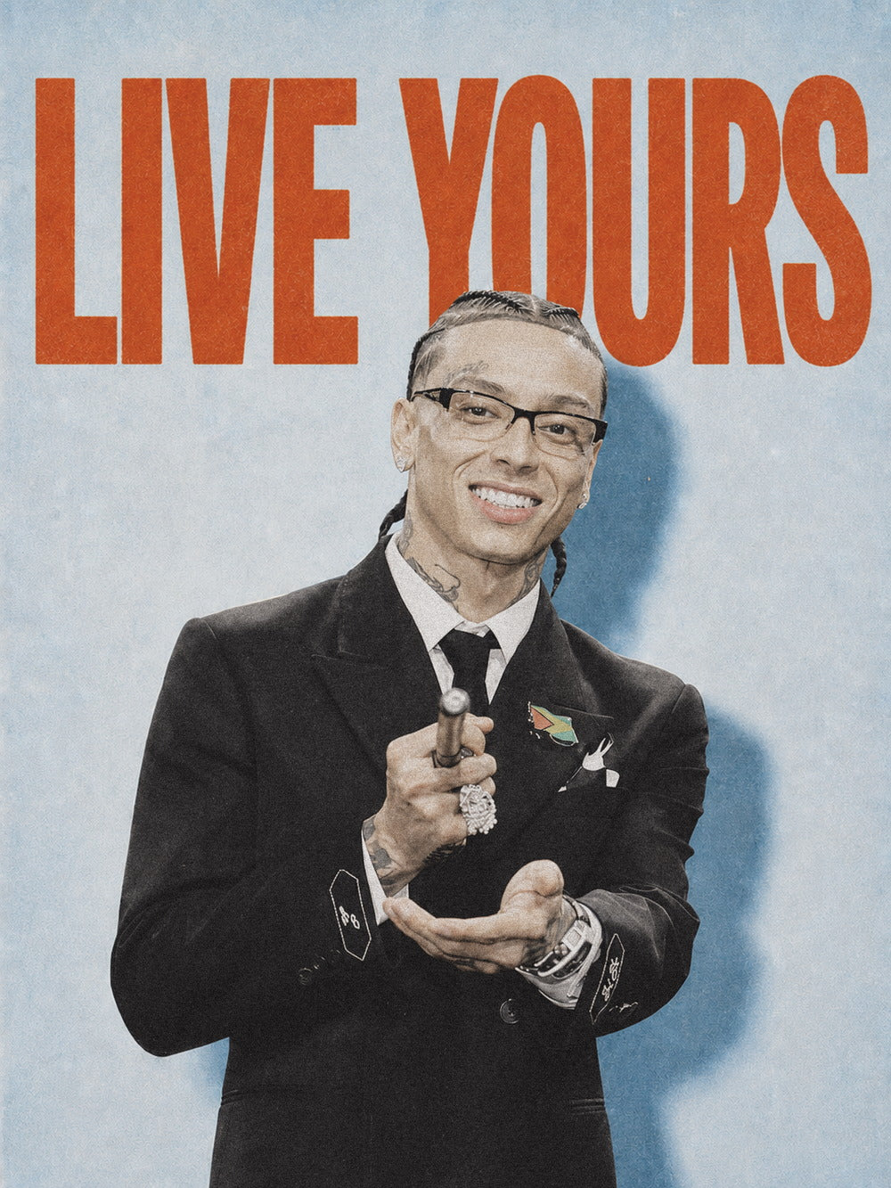A vibrant poster featuring Central Cee in a stylish suit with the text 'LIVE YOURS'.
