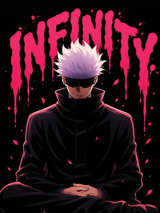 A vivid poster featuring Satoru Gojo with the text 'INFINITY' in pink against a dark background.