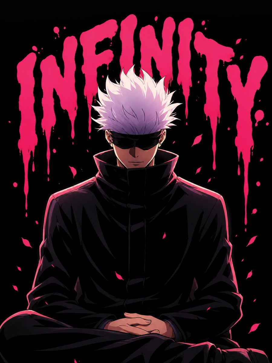 A vivid poster featuring Satoru Gojo with the text 'INFINITY' in pink against a dark background.