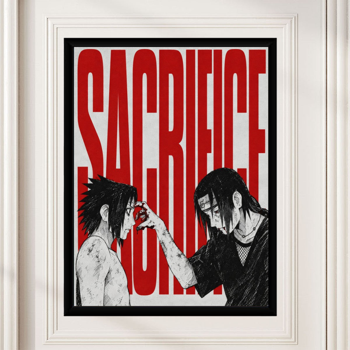 Itachi and Sasuke poster showcased in a stylized environment, highlighting its dramatic design.