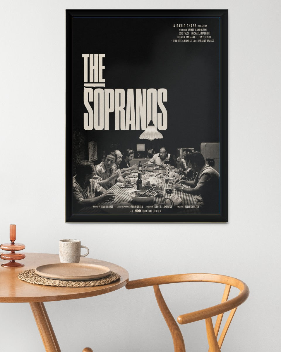 The Sopranos Poster featured in an artistically designed room, perfect for fans of cinematic art.