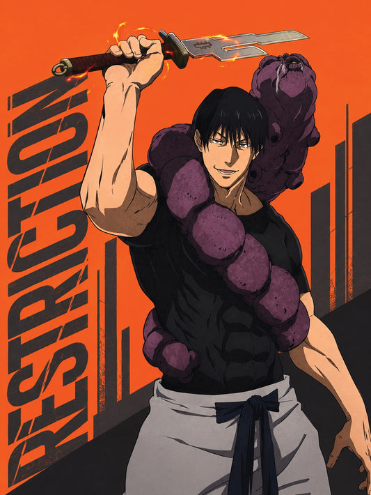 Poster featuring Toji Fushiguro with a fierce demeanor against a vibrant orange background.