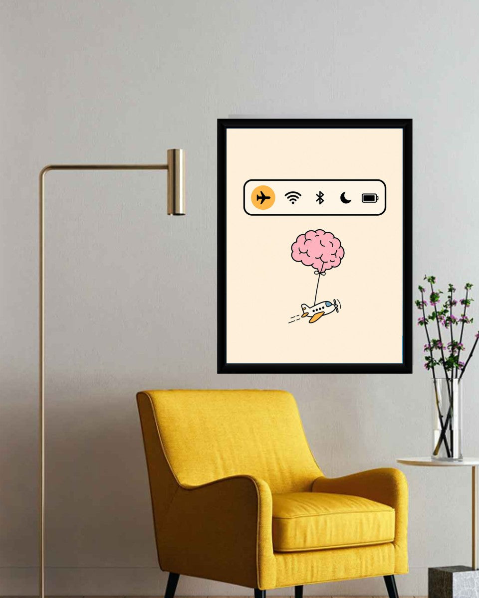The Airplane Mode Poster displayed in a stylish office environment with minimal decor.