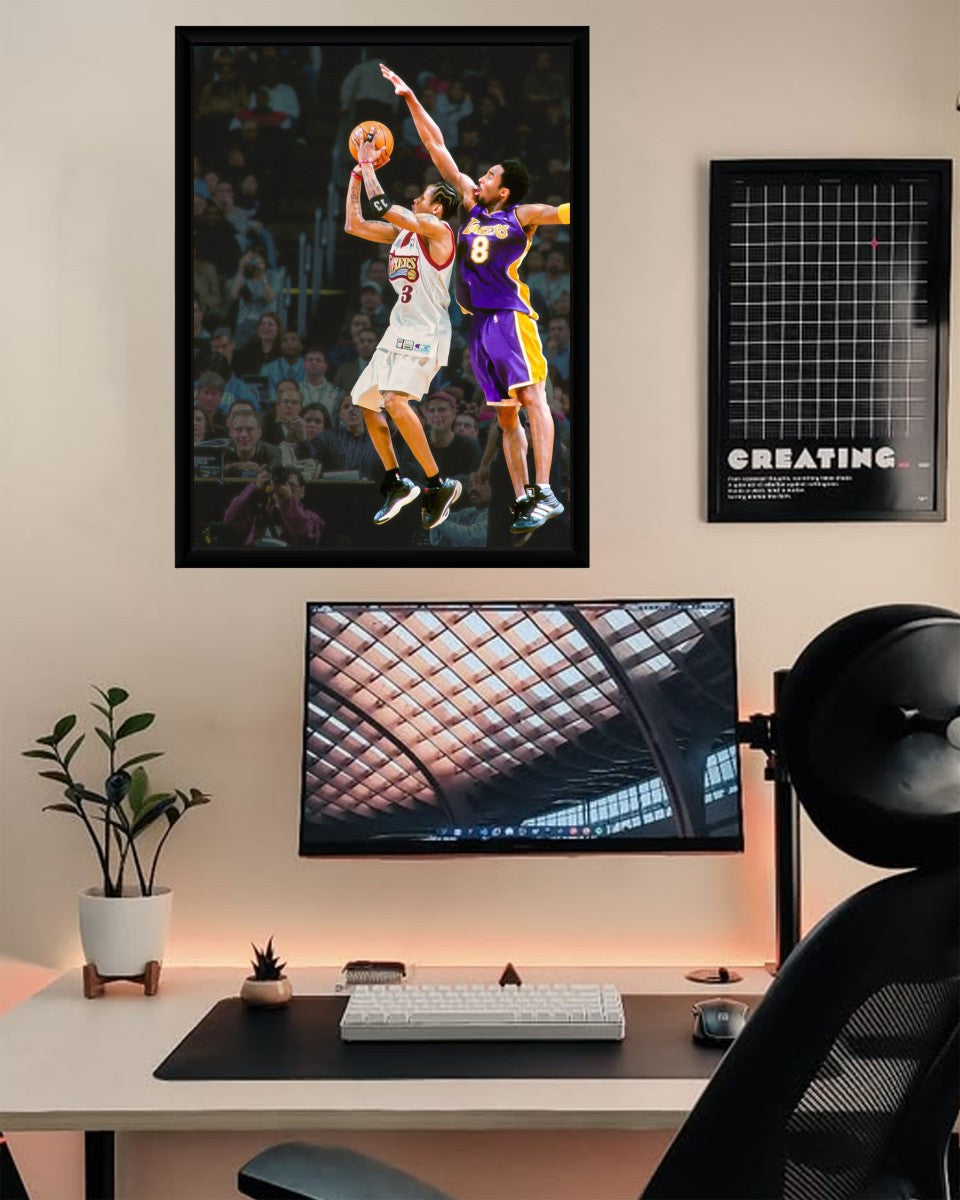 The Iverson Over Kobe poster featured in a contemporary office space, adding a sporty touch to the professional environment.