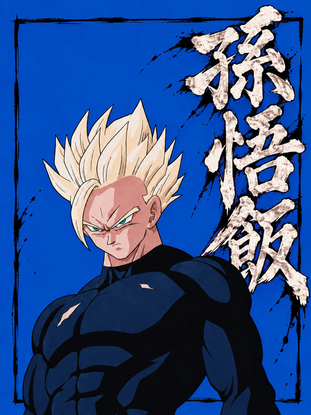 A colorful poster featuring Gohan from an anime series, highlighting his intense expression and dynamic pose.