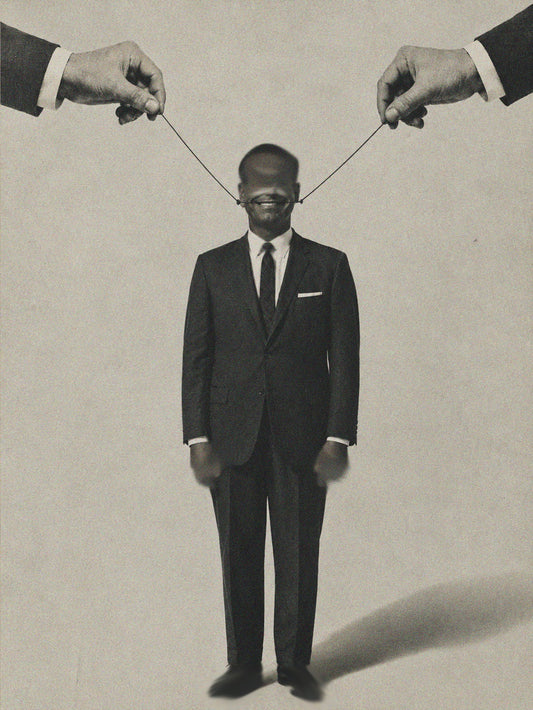 Puppet Master Poster depicting a black man in a suit, with hands manipulating strings.