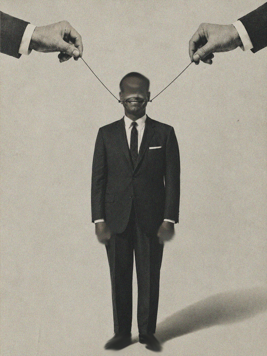 Puppet Master Poster depicting a black man in a suit, with hands manipulating strings.