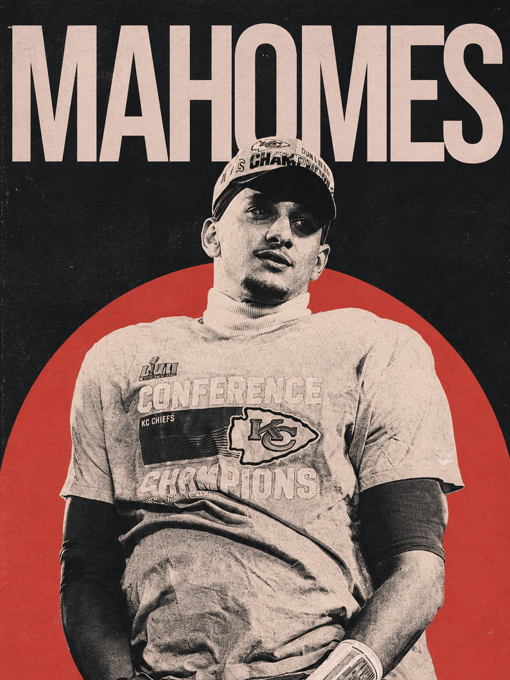 A colorful poster featuring Patrick Mahomes celebrating as a confident athlete.