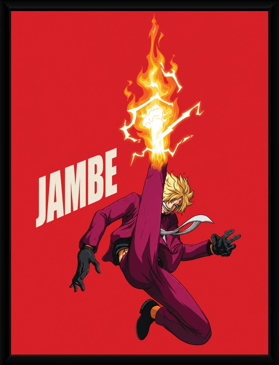 The Sanji action poster in a sleek frame, showcasing vibrant colors and dynamic movement.