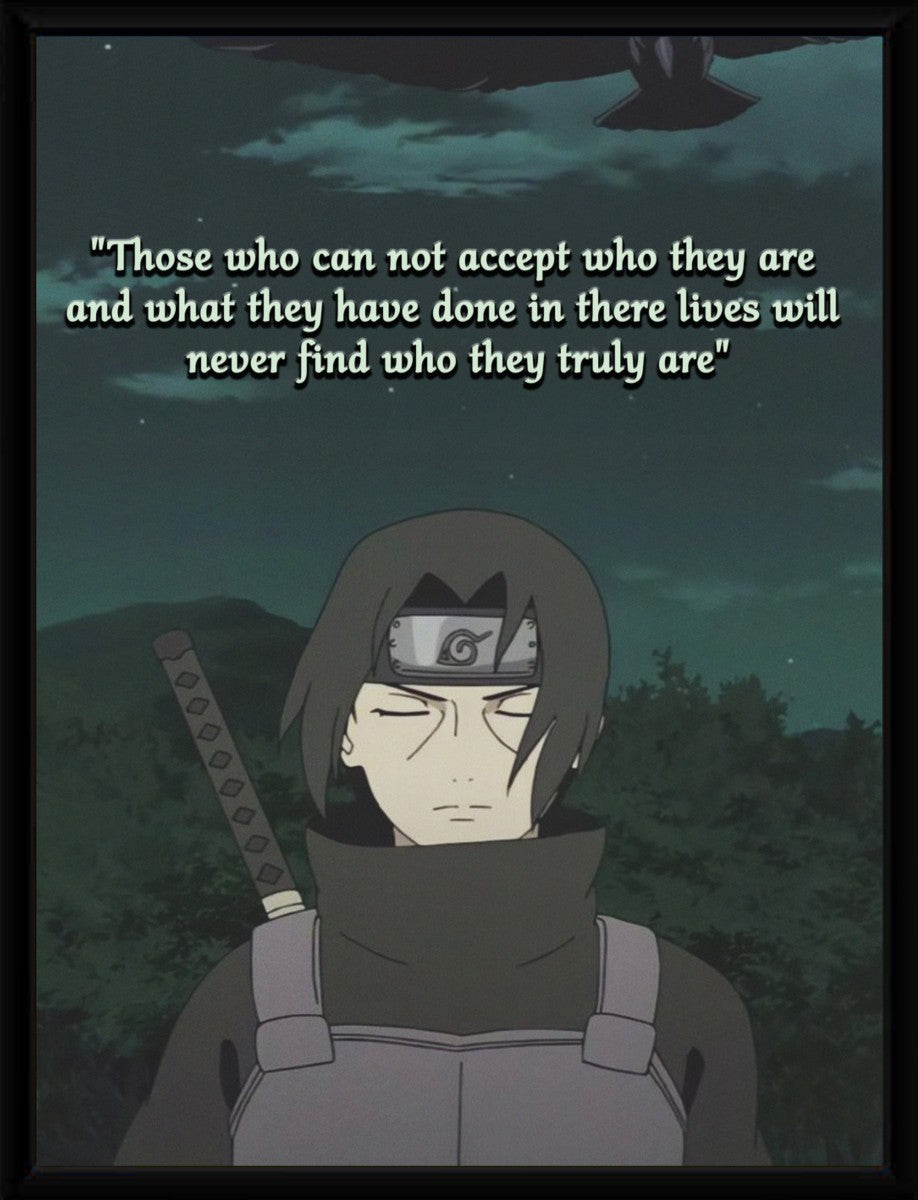 The Itachi Uchiha poster displayed in a sleek black frame, emphasizing its artistic details and dark aesthetic.