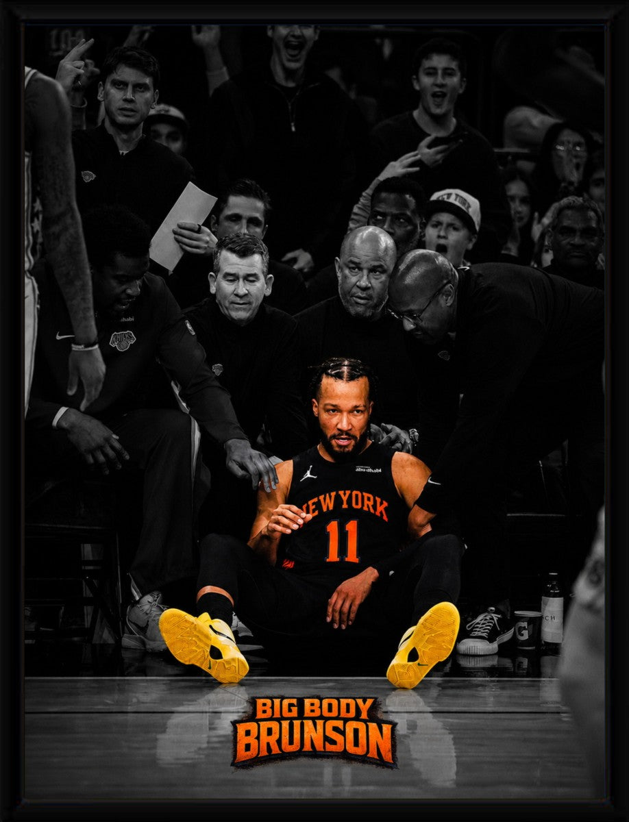 Framed poster of Jalen Brunson showcasing vibrant colors and bold text.