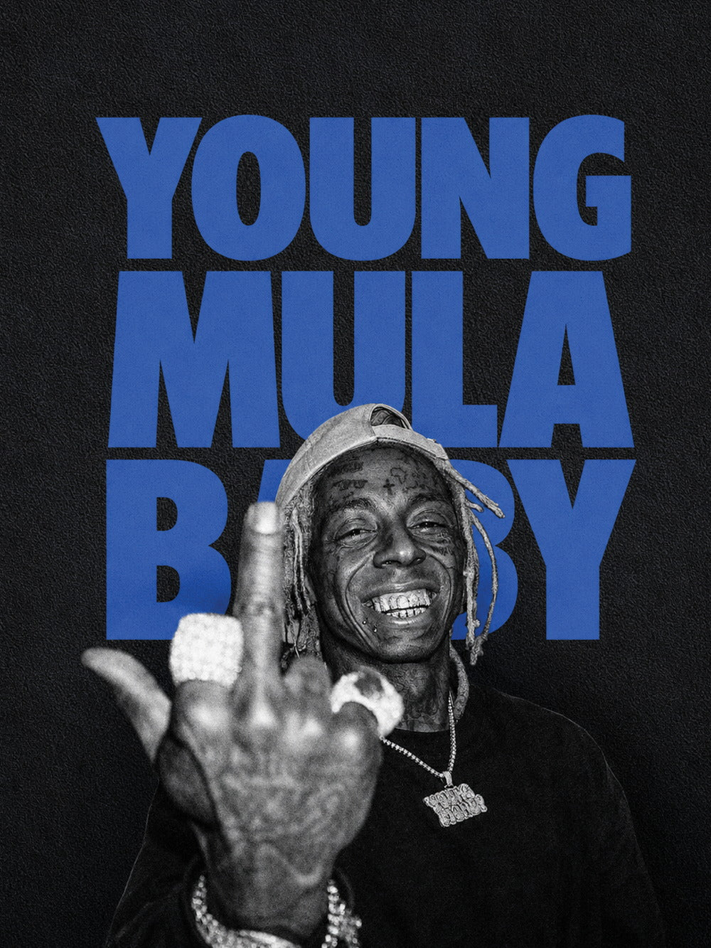 Lil Wayne poster featuring his iconic smirk and the text 'YOUNG MULA BABY' against a bold blue background.