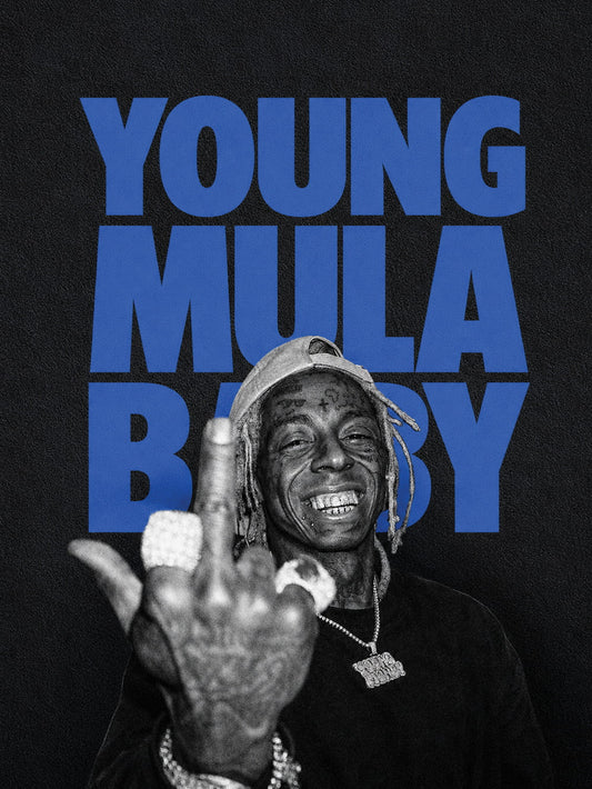 Lil Wayne poster featuring his iconic smirk and the text 'YOUNG MULA BABY' against a bold blue background.