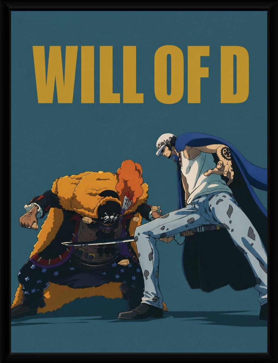 Framed poster of Law vs Blackbeard displayed elegantly on a wall.